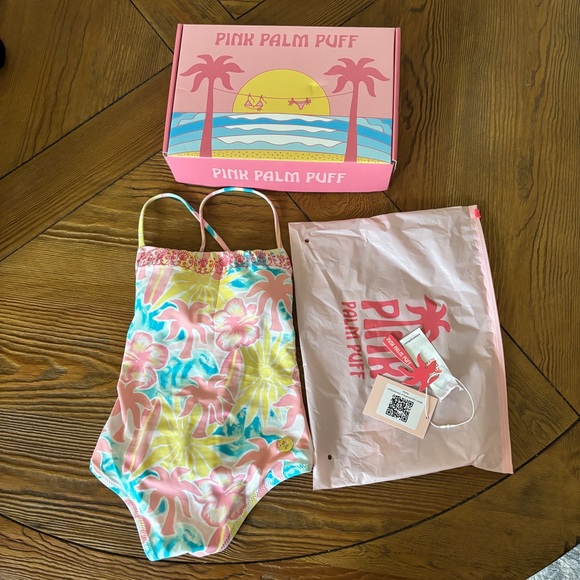 Pink Palm Puff Caya One Piece Swimsuit In Sherbet Swirl Girls Size Petite - Picture 1 of 11